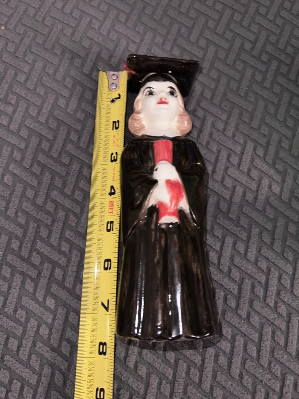 Ceramic Graduation Figurine in Black Cap and Gown w Red Diploma, Looks Hand Made